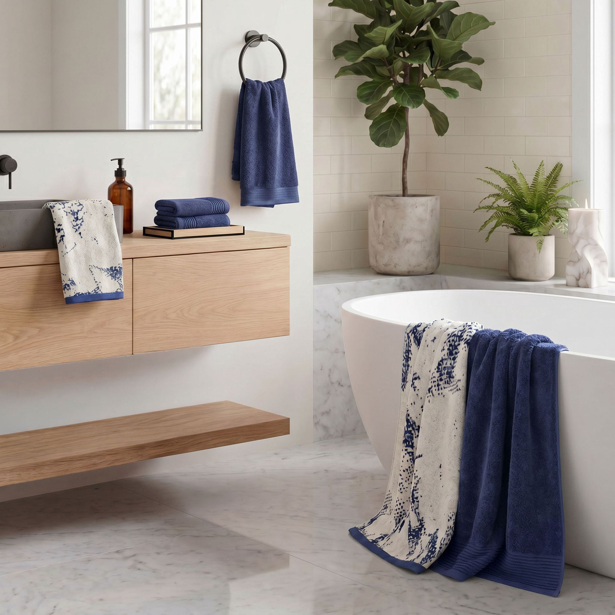 Superior Marble and Solid Jacquard Border Cotton 6 Piece Towel Set, Navy Blue - Ivory