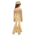 thumbnail image 2 of TiaoBug Kids Girls Off Shoulder Fringe Jumpsuit Disco Outfit for Retro Themed 70s Party & Stage Performance Gold 16, 2 of 7