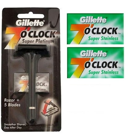 Gillette 7 O'Clock Super Platinum Safety Razor w/ 5 Blades + 7 O'Clock Permasharp Green Double Edge Blades, 10 ct. (Pack of 2) + Schick Slim Twin ST for Sensitive