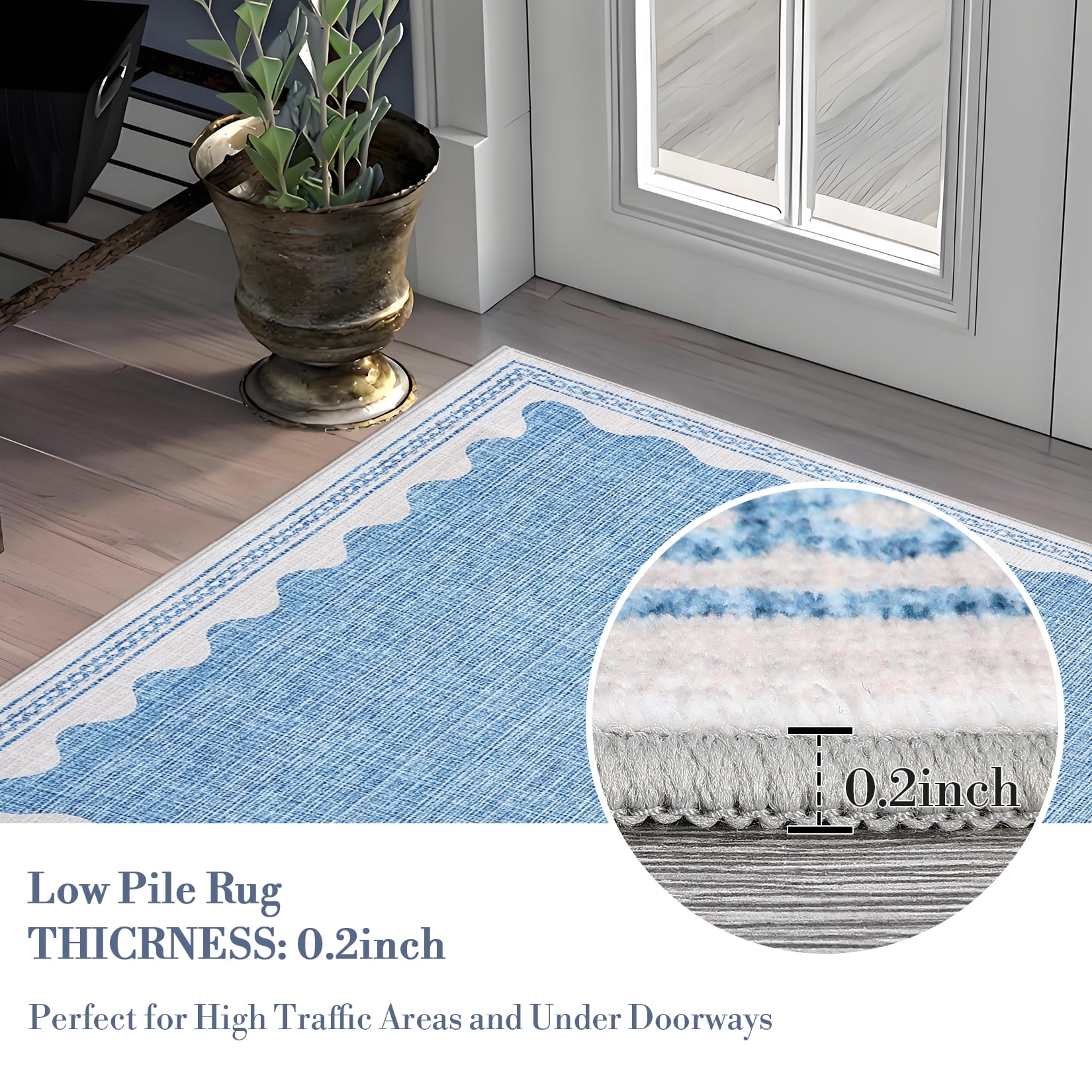 Tzou Modern Scalloped Border Washable Rugs 8' x 10', Non-Slip Low Pile Area Rug for Living Room, Machine Washable Stain Resistant Carpet