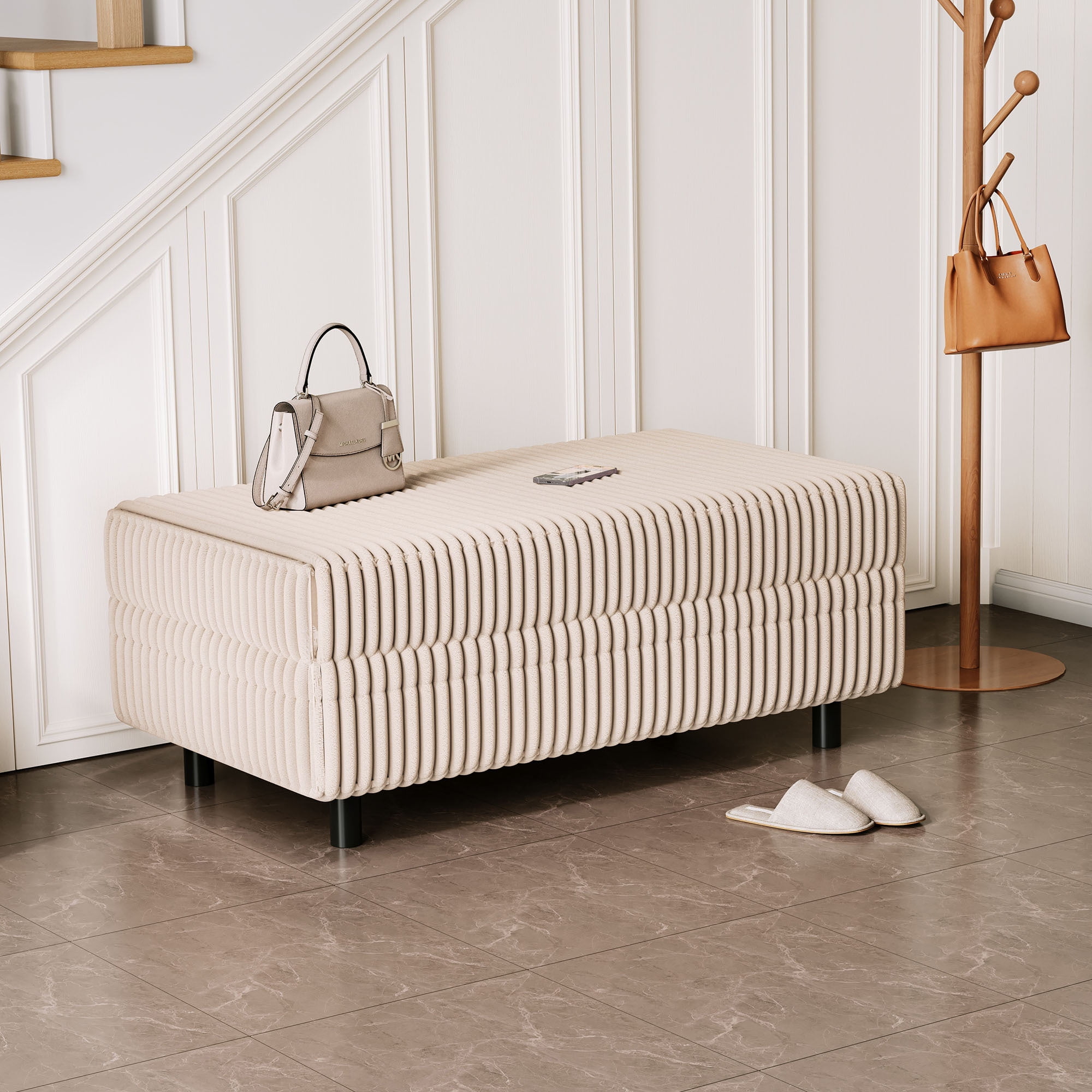 Linsy Home Plush Corduroy Storage Ottoman, Upholstered Ottoman Bench for Sofa, Coffee Table or Footrest, for Living Room, Bedroom or Entryway, Beige