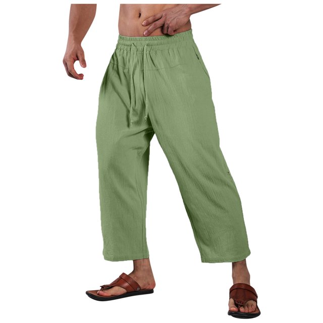 Zszcpp Linen Pants Men Long Brief Style Lace Up Solid Color Breathable Large Pocket Cropped Daily Lounge Trousers Casual Trouser