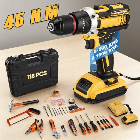 RELOIVE 21V Cordless Drill Set, 118 Piece Household Tool Kit with Drill and 2 Batteries, Mechanic Toolbox for Home DIY Repair