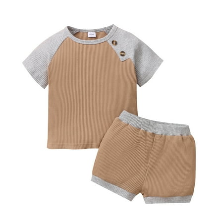 

2T Baby Boy Clothes Baby Boy 2PCS Outfits Short Sleeve Round Neckline Tops Shorts Set 2-3T Baby Boy Summer Outfits Kahki