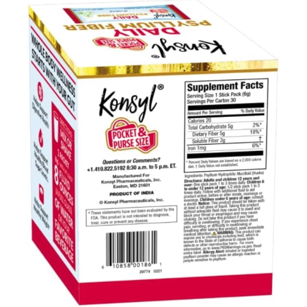 Konsyl Daily Psyllium Fiber Stick Packs - On-The-Go Fiber Supplement Powder- 30 Packets