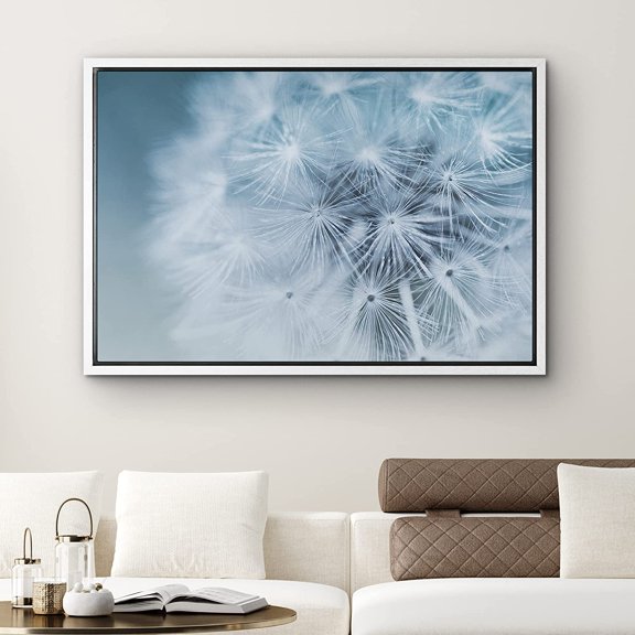 PixonSign Framed Canvas Print Wall Art Bokeh Close-Up Dandelion Botanical Wilderness Photography Realism Contemporary Relax/Calm Cool Blue and White for Living Room, Bedroom, Office - 24"x36" White