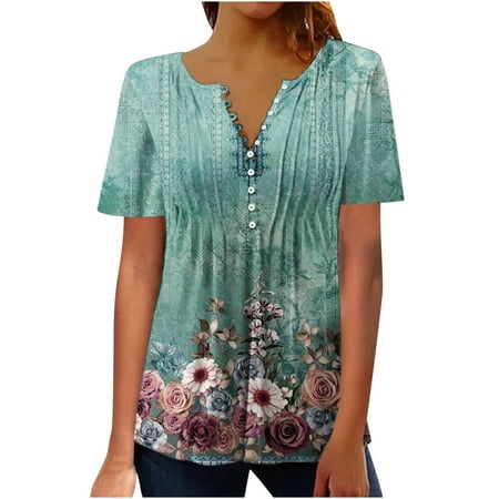 Patlollav Womens Tops Casual Short Sleeve Shirts V Neck Loose Casual Blouses Floral Print Tshirts