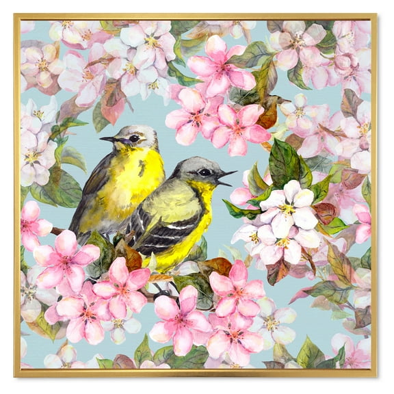 Designart 'Birds On Pink Cherry Sakura and Apple Flowers II' Traditional Framed Canvas Wall Art Print