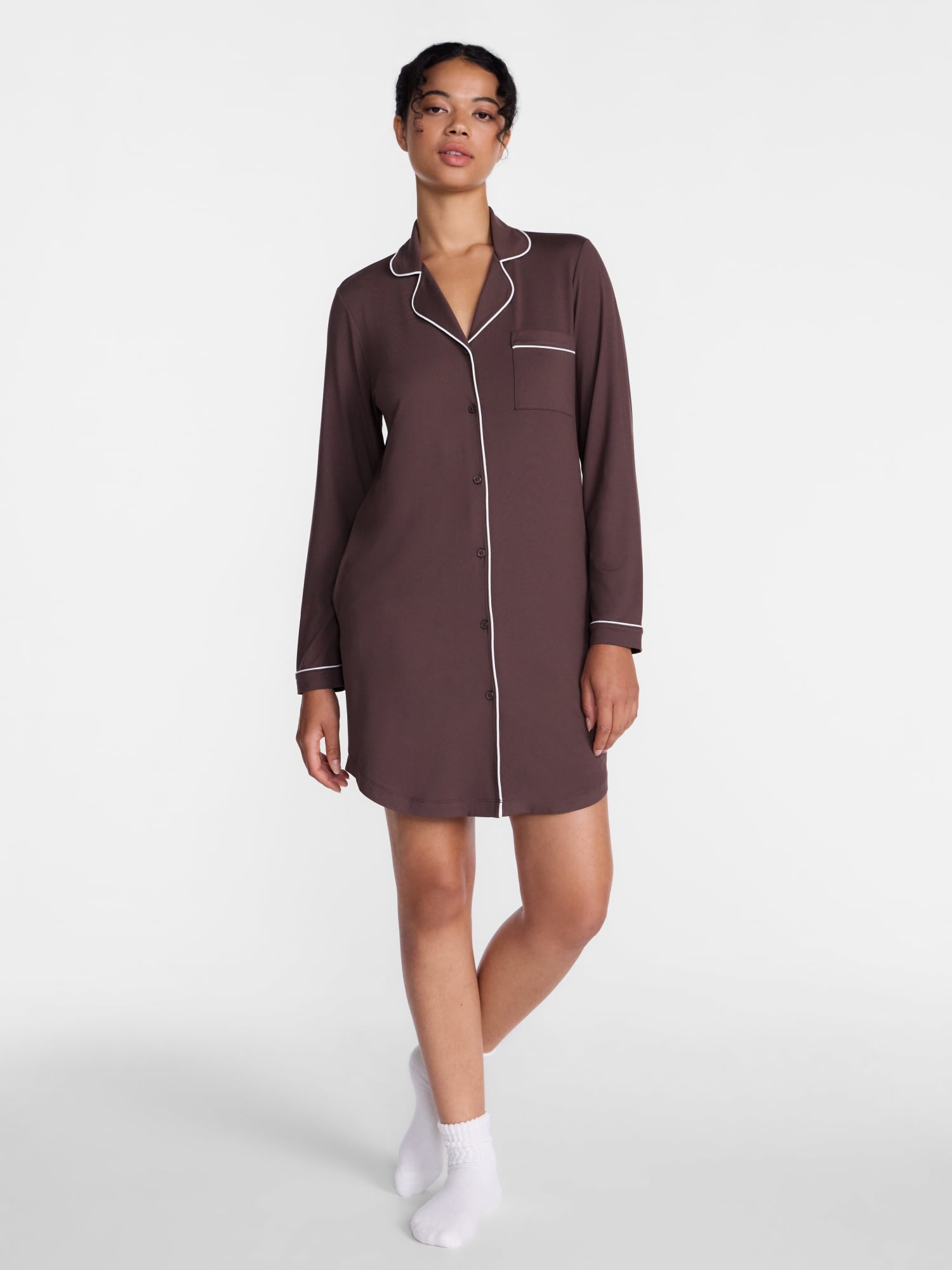 Joyspun Women's Dreamy Soft Collection Notch Collar Sleepshirt with Long Sleeves, Sizes XS-3X