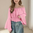 thumbnail image 2 of Baby Girl Clothes Long Sleeve Shirts for Girls Crop clothes Off Shoulder Bell Sleeve Loose Plain for Summer Party Pink 14-15 Years, 2 of 8