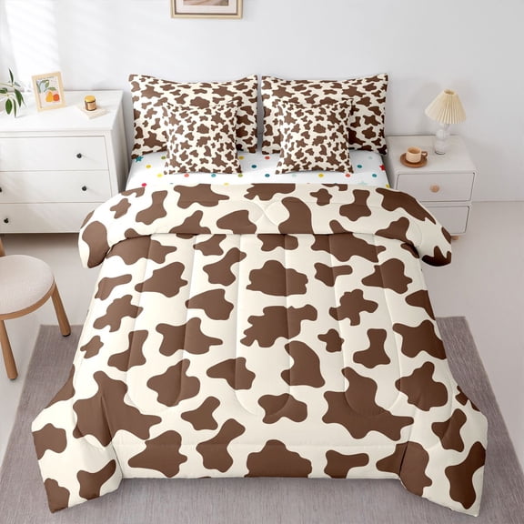 Homewish Cow Print Girl Boy Twin Bedding Sets 7-Piece,Farmhouse Animal Bedding Comforter Set Microfiber,Abstract Geometric Breathable Sheet Sets,Super Cozy Room Decor,Reversible