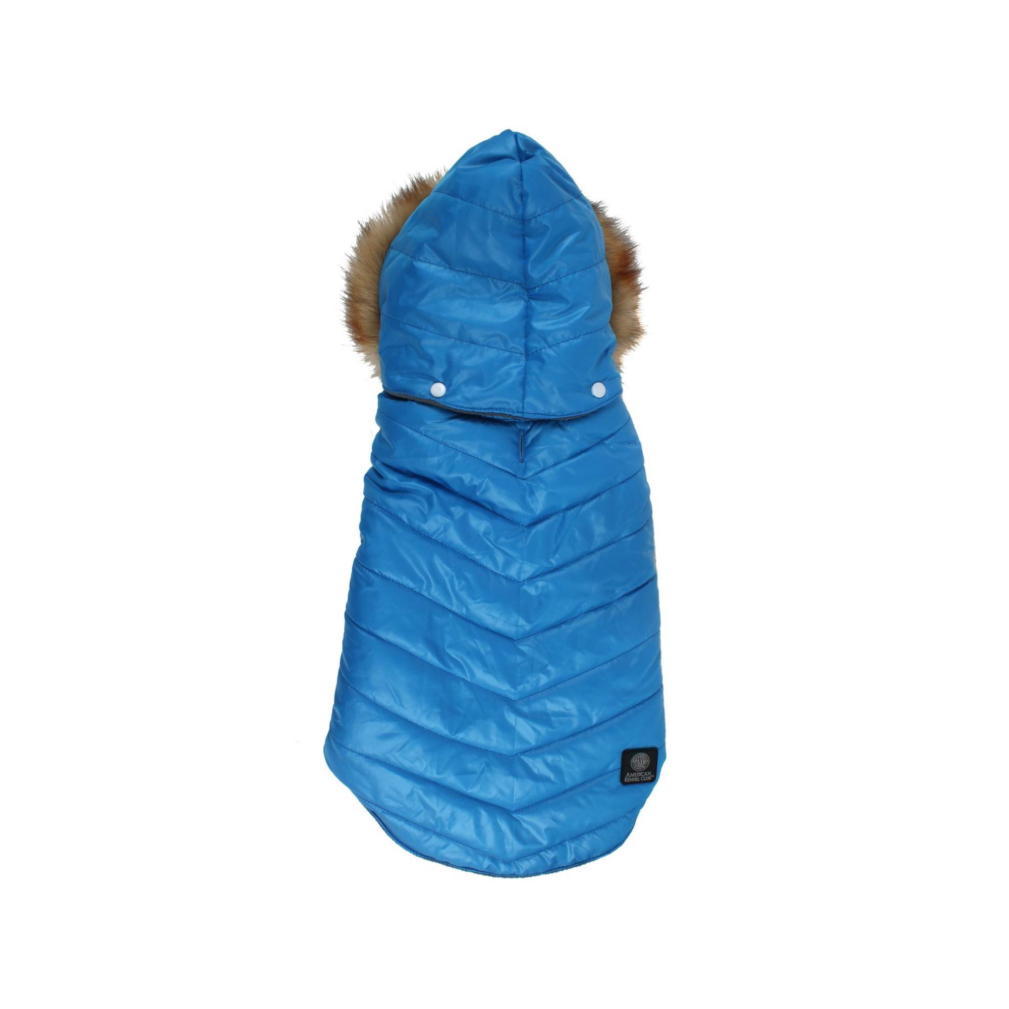 American Kennel Club Quilted Dog Puff Coat Jacket with Faux Fur Hood, Blue - X-Small