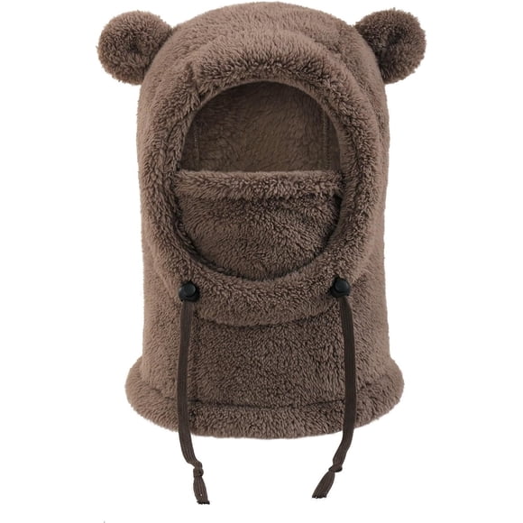 Bonnet 3 en 1 avec Foulard et Masque Unisexe Enfant Hiver Chaud en Polaire Oreilles d'Ours Cagoule Thermique Sherpa Capuche Masque de Ski, Taille Unique-Café