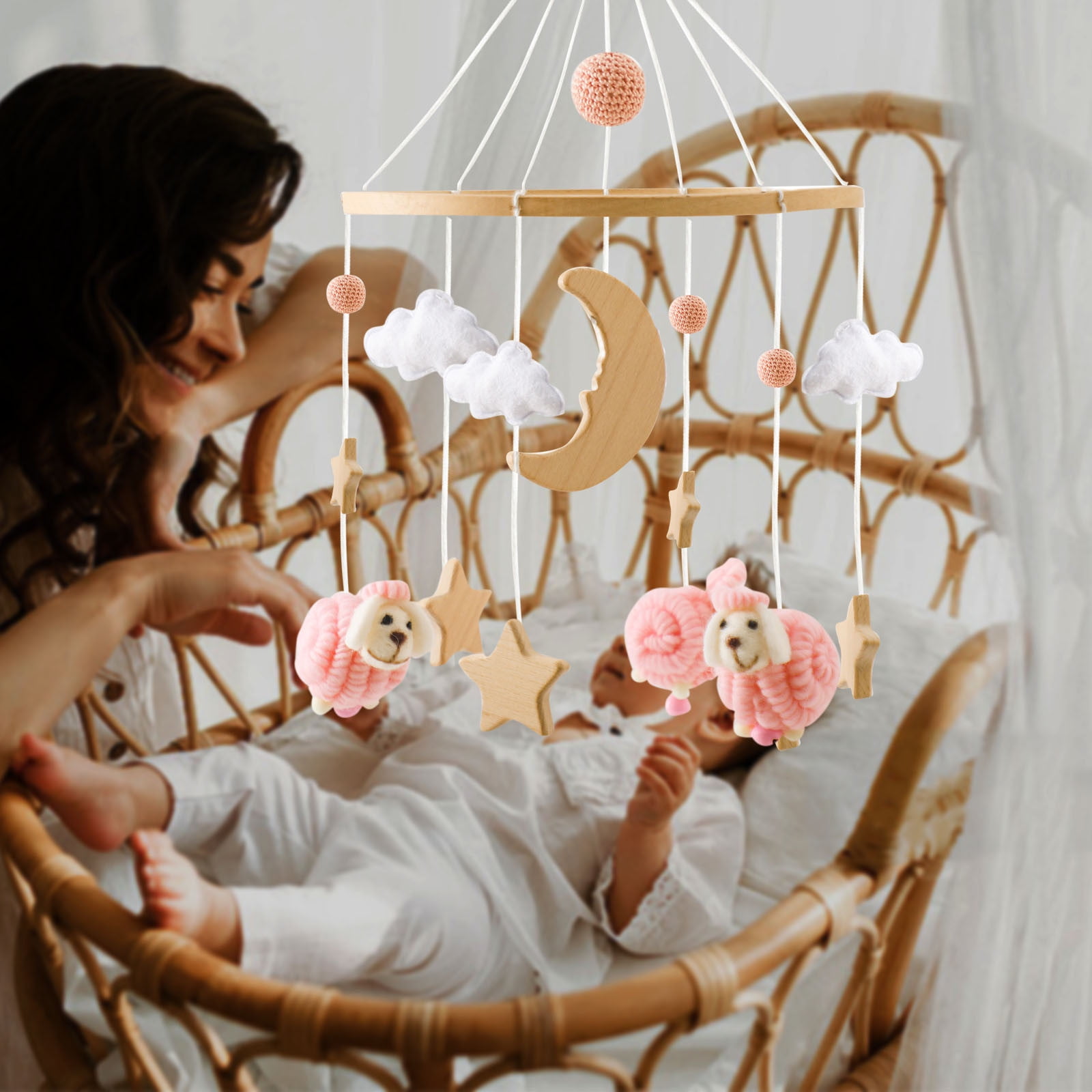 Staron Wooden Felt Baby Mobile, Hanging Crib Decoration for Newborns, Musical Wind Chime for Nursery