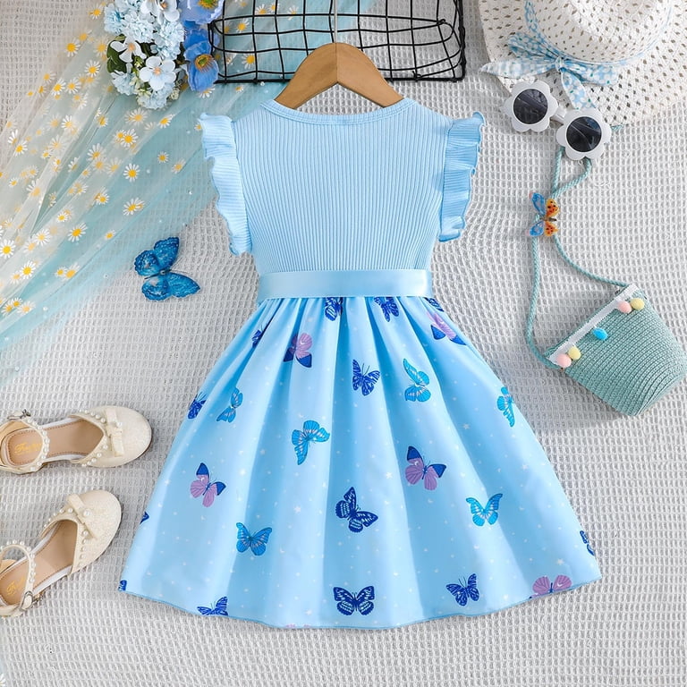 Tisuna Girls Ribbed Sleeveless Summer Dress With Butterfly Print Toddler Flowy Dress Fashion Lightweight Kids Party Princess Gown Sky Blue Size 5-6