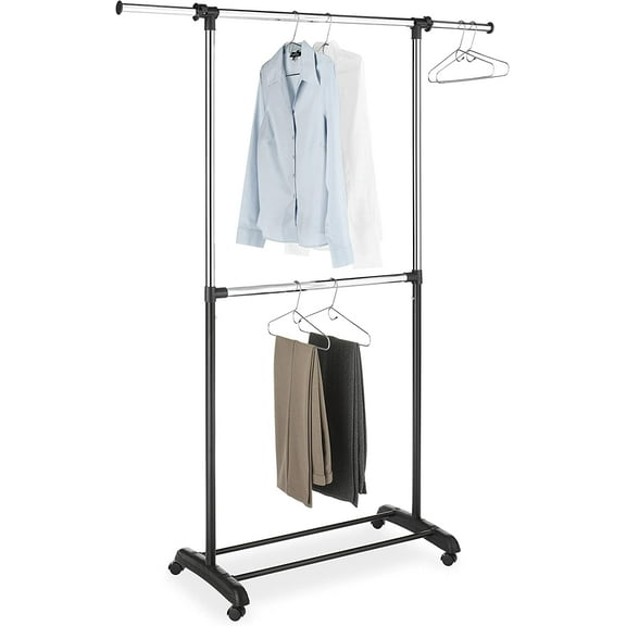 Whitmor Adjustable 2-Rod Rolling Garment Rack, Metal, Black and Chrome - 20.13 L x 36.25 W x 73 H