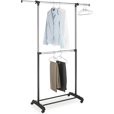 Whitmor Adjustable 2-Rod Rolling Garment Rack  Metal  Black and Chrome - 20.13 L x 36.25 W x 73 H
