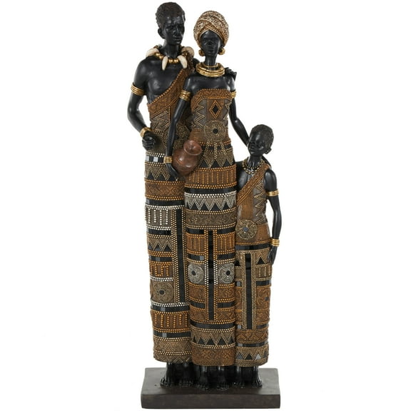 9" x 23" Black Resin Tall African Family Sculpture with Gold Jewels, by DecMode