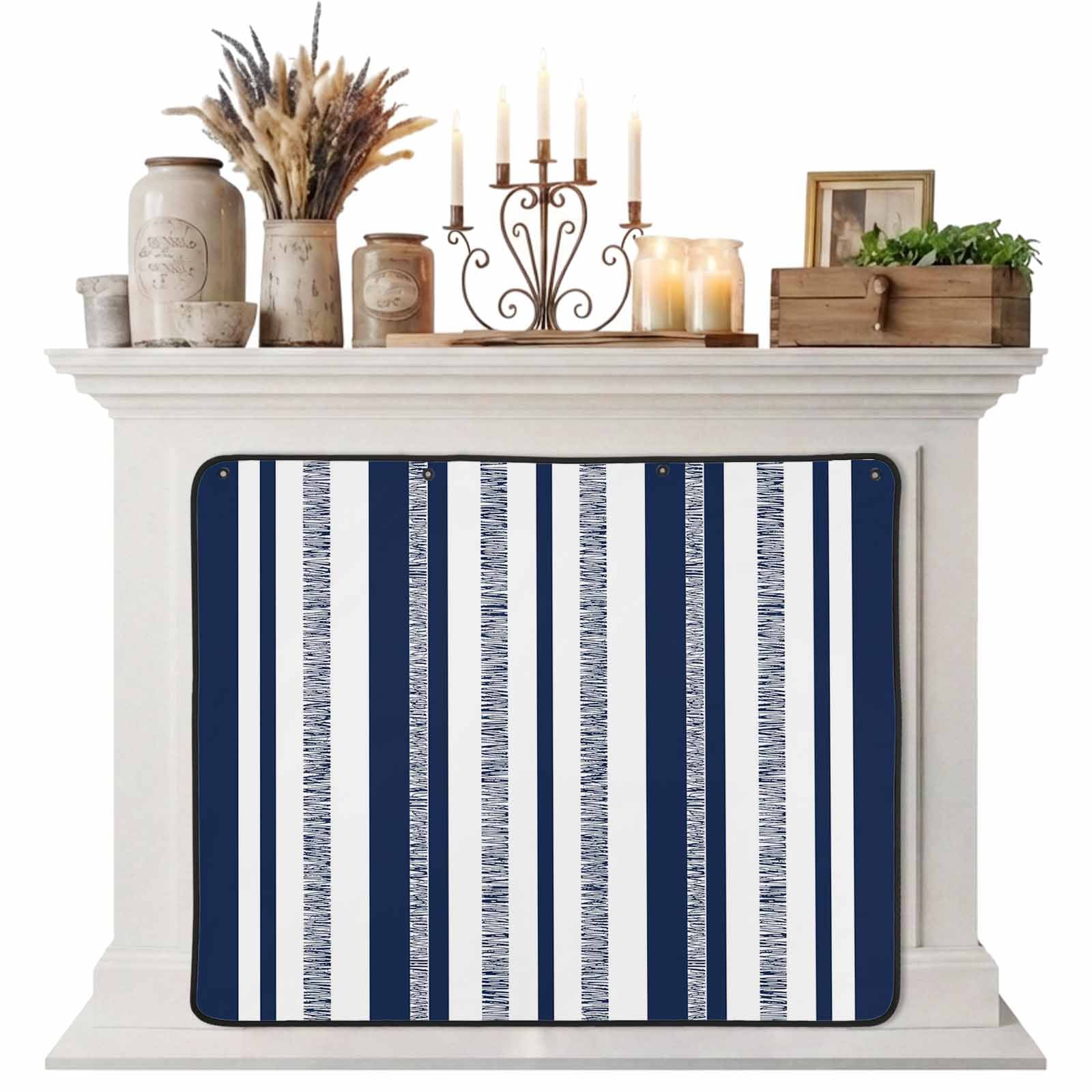 Magnetic Fireplace Cover Navy Blue Vertical Stripes Fireplace Screen Mixed Width Striped Insulation Fireplace Blocker Blanket Save Energy Fireplace Draft Stopper Covers for Living Room 45x34