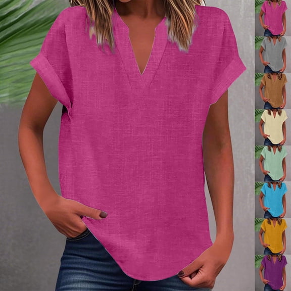Oksale Cuff Sleeve Tops for Women Trendy V Neck Summer Tshirts Loose Cozy Solid Basic Tees for Going Out Hot Pink S