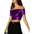 thumbnail image 6 of INSPIRE CHIC Women's  Metallic Shiny Party Off Shoulder Crop Top XS Purple, 6 of 8