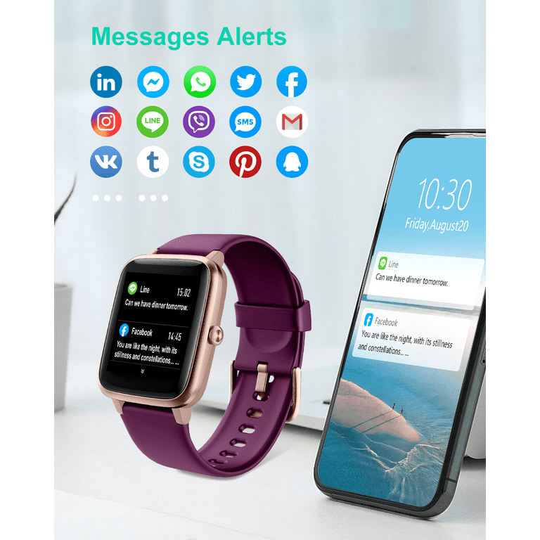 Willful Smart Watch for Women Men, Heart Rate & Sleep Monitor, Smart Wristwatch Compatible with Android & iOS Phone, Deep-Purple, Size: Changeable