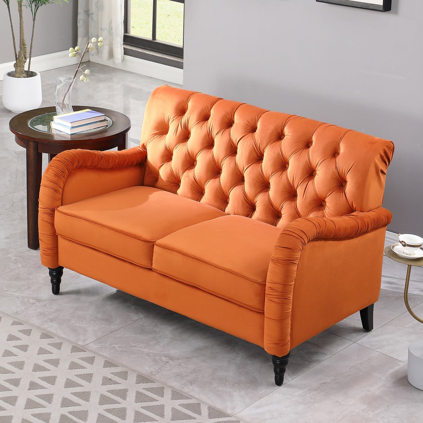Velvet Upholstered Sofa with Tufted Cushions, Modern Chesterfield Sofa