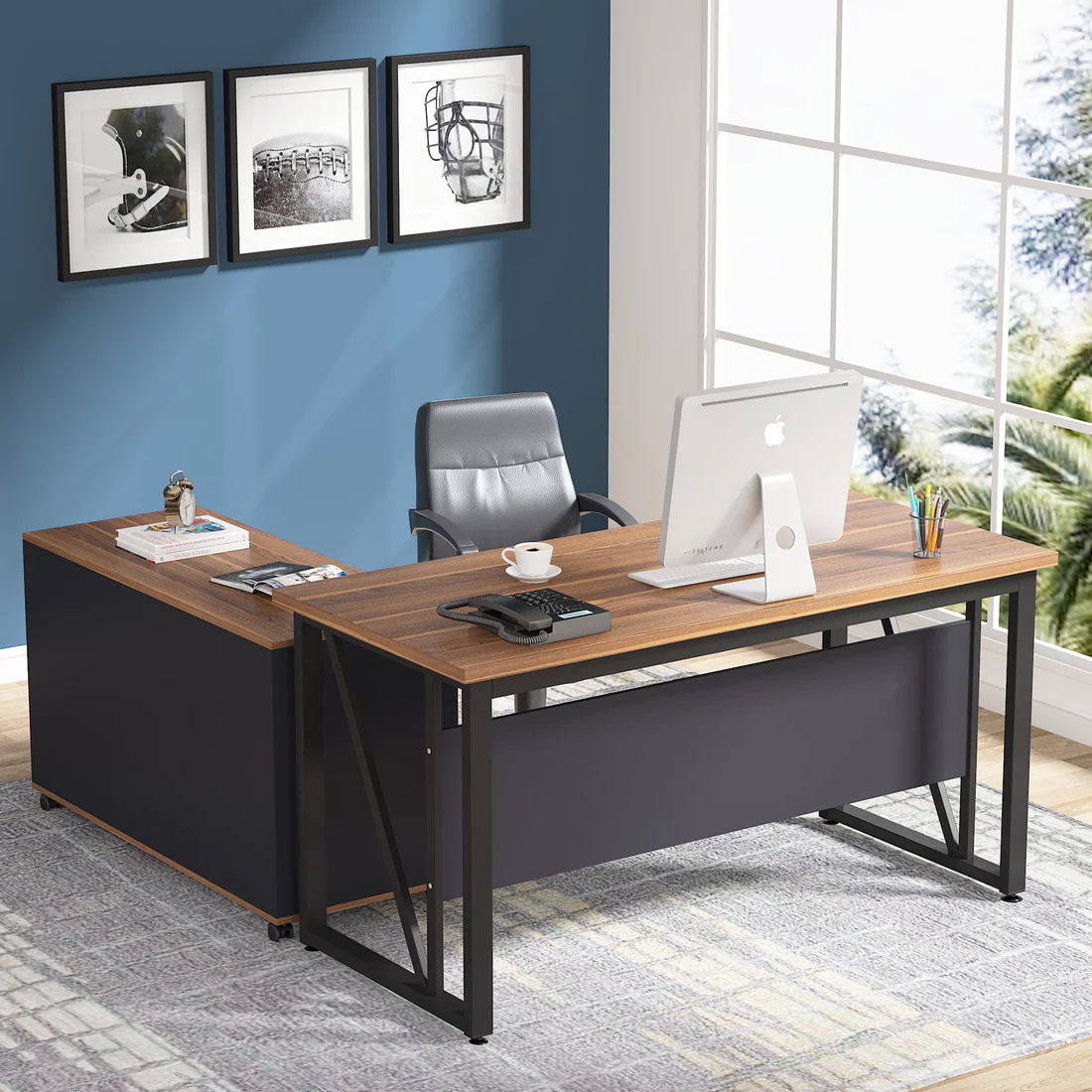 MAYEERTY L-Shaped Computer Desk, 55" / 63" Executive Desk and Mobile File Cabinet