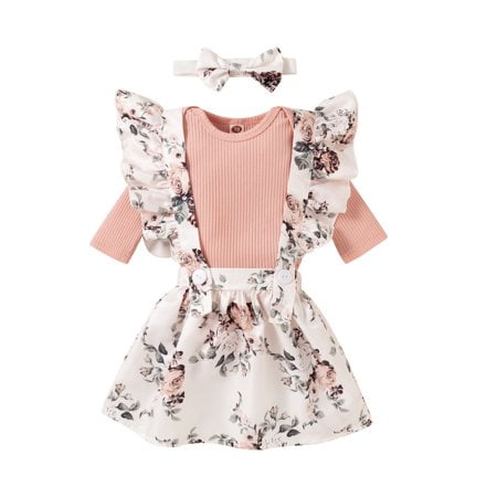 

WISWELL Newborn Infant Baby Girl Autumn Skirt Top Outfits Long Sleeve Romper Tops Suspender Overall Dress +Headband Set (Pink 18-24M)