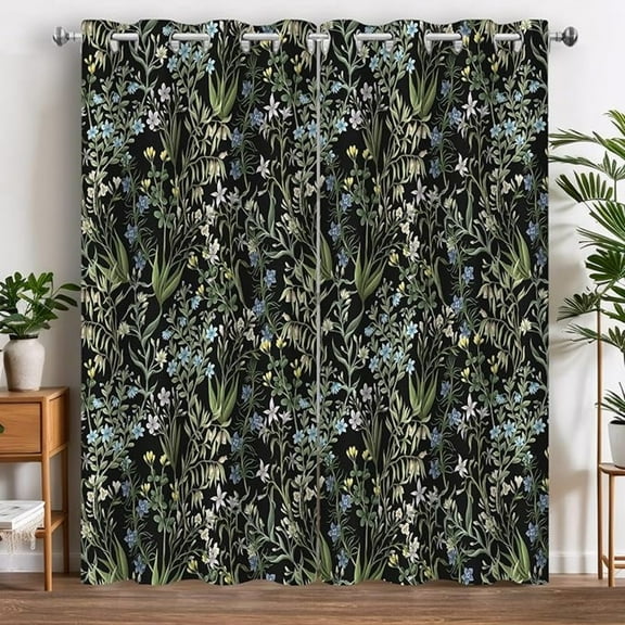 Botanical Dark Floral Curtains, Green Floral Plant Patterned Blackout Curtains, Farmhouse Room Darkening Grommet Window Drapes For Bedroom Living Room 53"W x 84"L (Pack of 2)