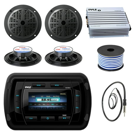 400 Watt Wind Pyle PATVR14 MP3/MP5 Bluetooth Marine Boat Yacht Stereo Receiver Bundle Combo With 4x Black 5-1/4