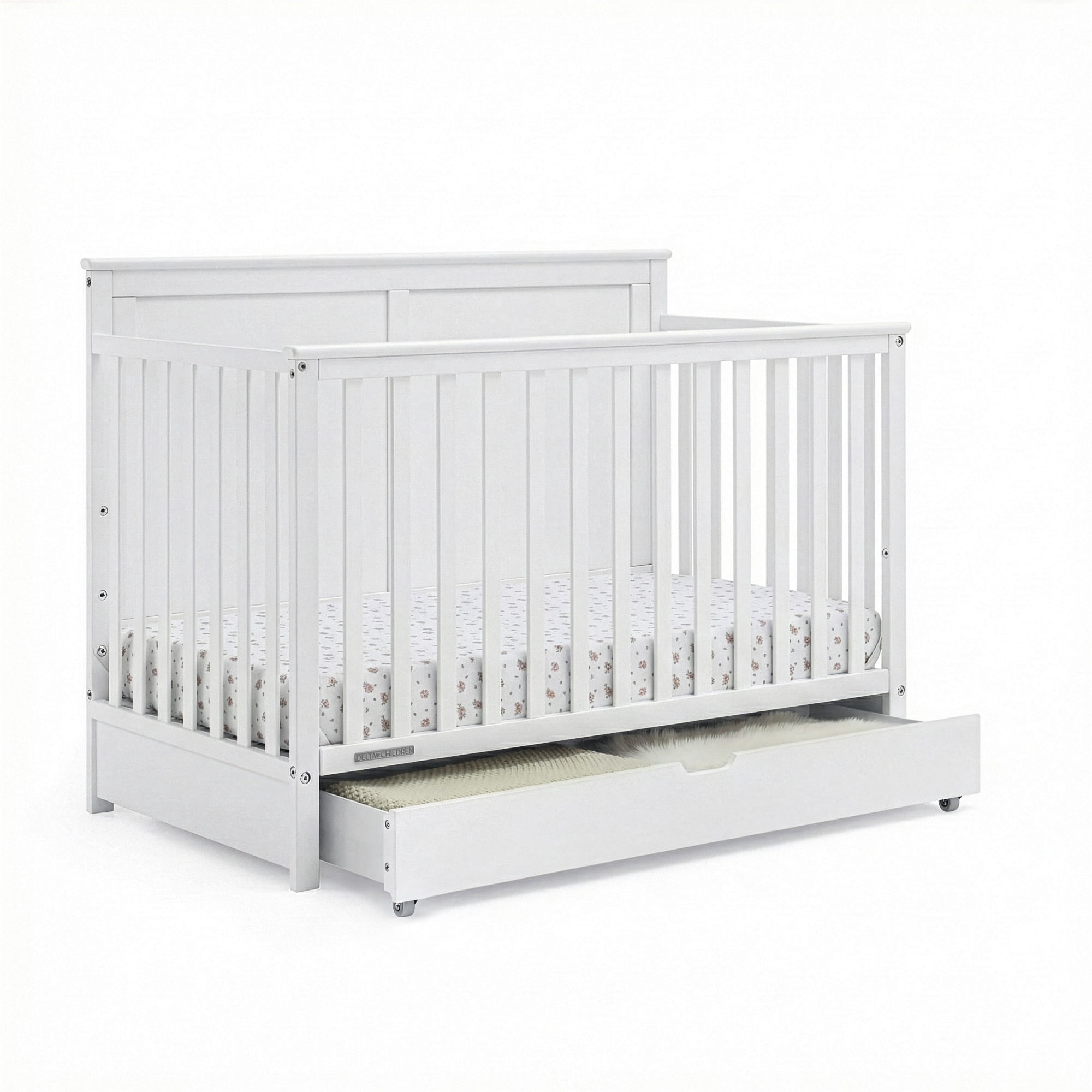 Simmons Kids Logan 6-in-1 Convertible Crib w/ Drawer, Greenguard Gold Certified, Converts to Toddler Bed, Daybed, Sofa & Full-Size Bed w/ & w/o Headboard, Fits Standard Crib Mattress, Bianca White