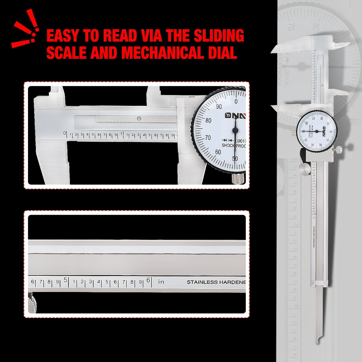 Premium-Grade Stainless Steel Dial Caliper, 6 Inch, Shockproof Measuring Micrometer w/ Lockable Head