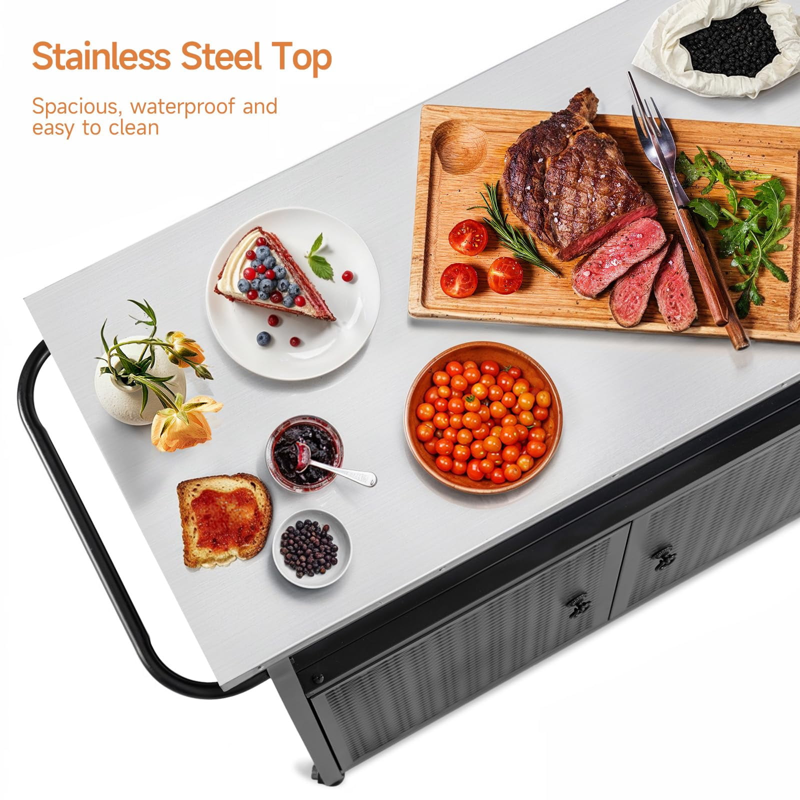 3-Tier Mobile Kitchen Island Cart | Stainless Steel BBQ Prep Table with Wheels, 71 Gal Storage for Outdoor Cooking, Parties & Backyard Fun - Black