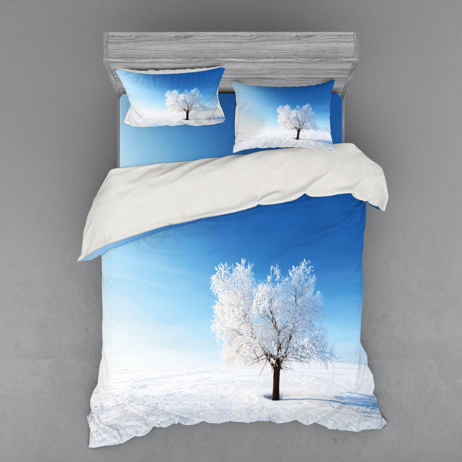 Winter Duvet Cover Set, Single Tree on Snow Cover Field with Vibrant