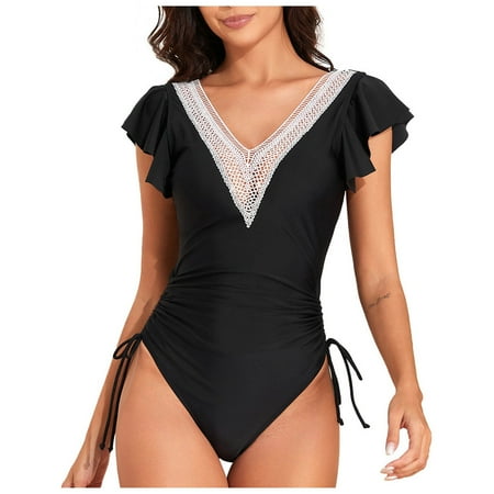 Yindaity One Piece Swimsuit Women Womens One Piece Swimsuits Tummy Control Ruched Criss Cross Bathing Suits V Neck Swimwear (Black XL)