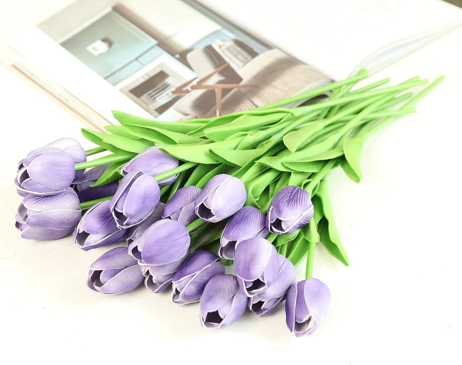 Pink Fake Tulips Artificial Flowers - 10 pcs Artificial Silk Pink Tulips Faux Flowers with Stems for Home Wedding Hotel Office Centerpiece Decor