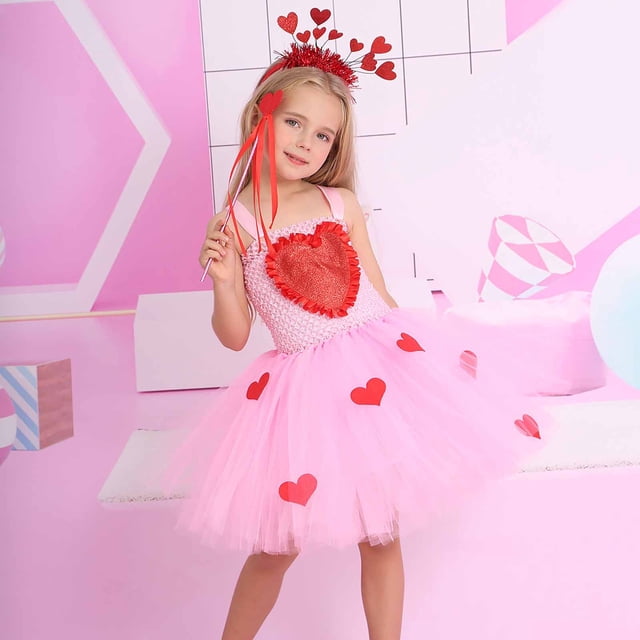 Odeerbi Niñas Verano Amor Patrón Tul Tutu Vestido + Diadema + Varita Set Etapa Rendimiento Trajes Bebé Sin Mangas Tank Vestido Malla Princesa Vestido