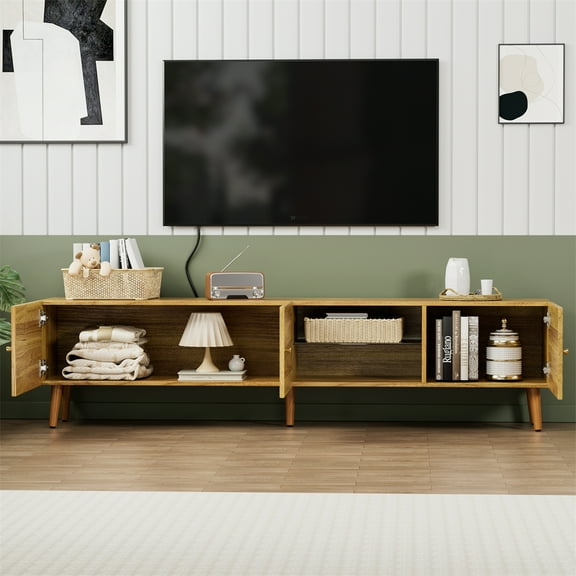 Xukmct Wood TV Cabinet for TVs up to 70 Inch, TV Stand with Storage Shelf, Mid Century Modern Entertainment Center TV Media Console for Living Room Bedroom