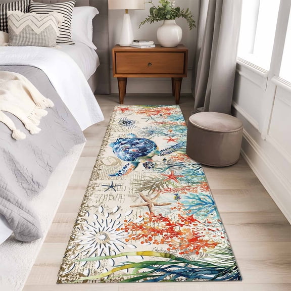 Coastal Sea Turtle Runner Rug 2x6 FT,Non Slip Hallway Carpet,Rustic Vintage Nautical Starfish Coral Washable Soft Floor Carpet Throw Runner Carpet Long Rug for Entryway Kitchen Bedside Sliding Door