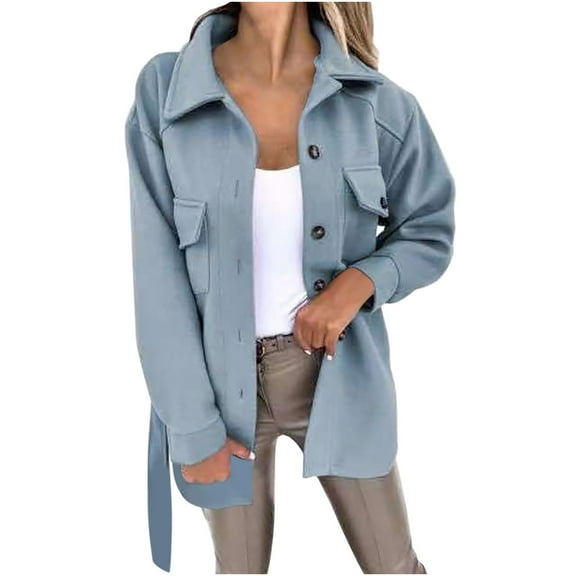IROINNID Women's Blouson Jacket Long Sleeve Solid Color Turndown Lapel Outwear, Casual Woolen Button Cardigan with Lapel and Pocket Jacket