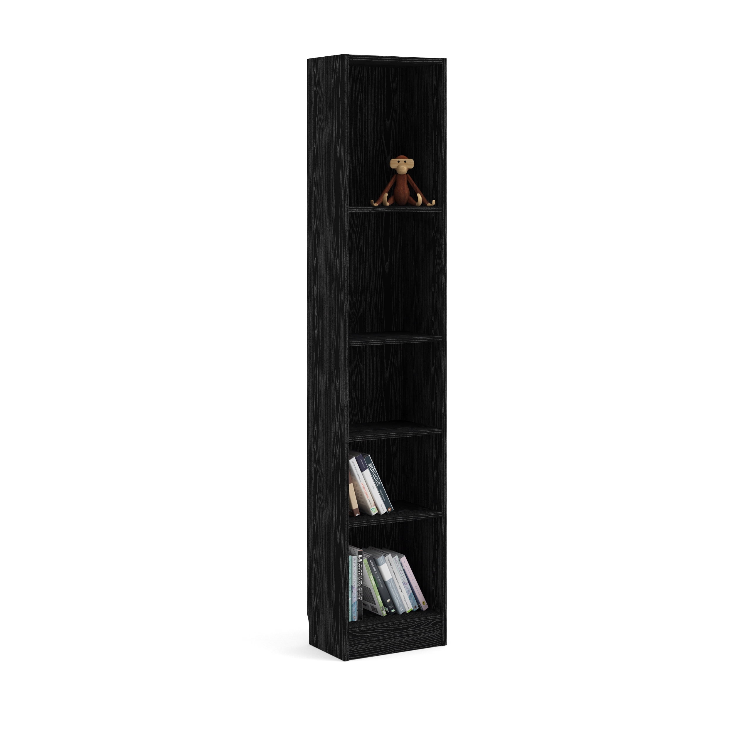This bookcase is constructed from engineered wood in a white finish and features round, silver handles that will match with any style. tall narrow black bookcase