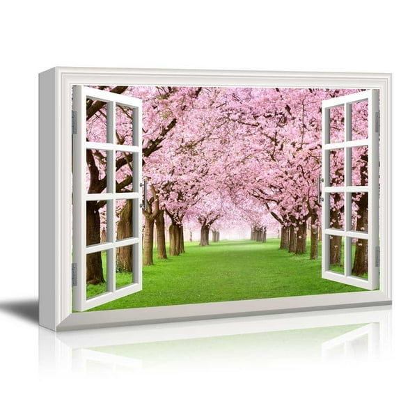 wall26 Canvas Print Wall Art Window View of Pink Cherry Blossom Trees Nature Wilderness Photography Modern Art Rustic Scenic Colorful Ultra for Living Room, Bedroom, Office - 24"x36"