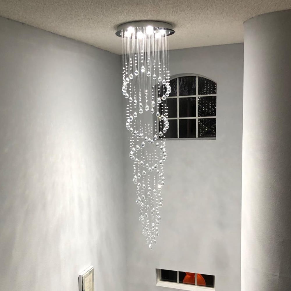 SEFINN FOUR High Ceiling Chandelier Modern Double Swirl Pendant Light Crystal Lighting Fixture Raindrop Chandelier for Entryway