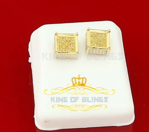 King of Bling's 0.15ct Yellow Diamond 925 Sterling Silver Stud Women's/ Men's Square Earrings
