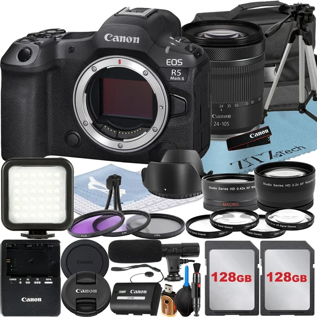 Canon EOS R5 Mark II Mirrorless Camera with RF 24-105mm Lens + 2 Pack 128GB Memory Card + Wideangle + Case + ZeeTech Accessory Bundle