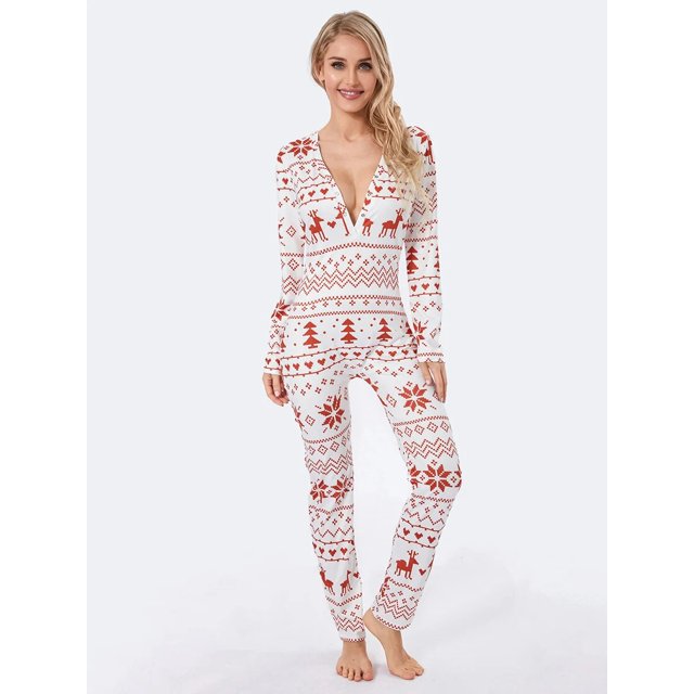 Pijama navideño Y2k para mujer, monos de manga larga con cuello en V y botones, ropa de dormir suave, ropa de dormir femenina