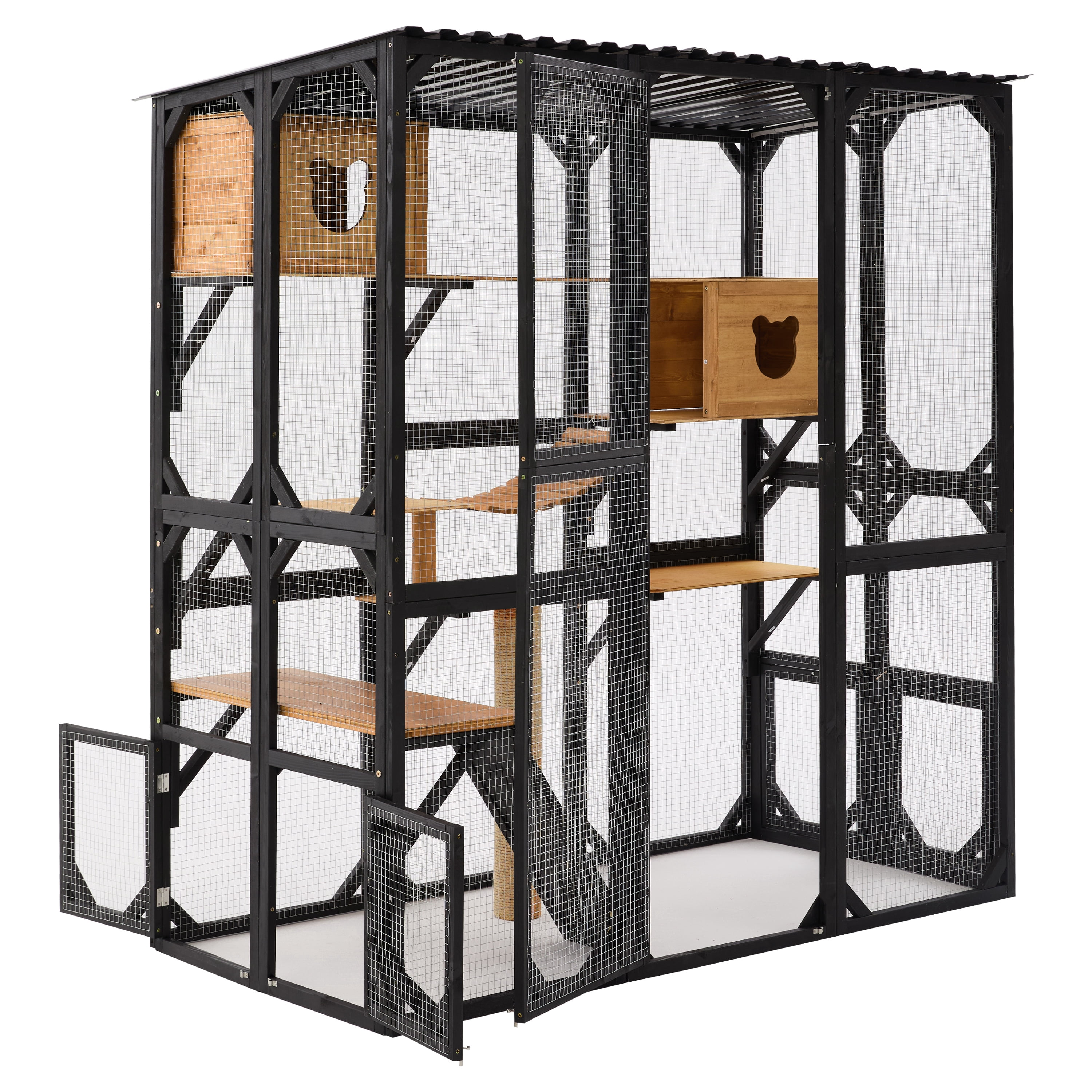 LiviNest Outdoor Cat Enclosure Catio: 7-in-1 Cat Playpen with 2 Houses & 5 Platforms - 67"L x 33.9"W x 70"H Fir Wood Cat House for Backyard Patio & Indoor Use - Secure Metal Mesh & Scratching Post fo