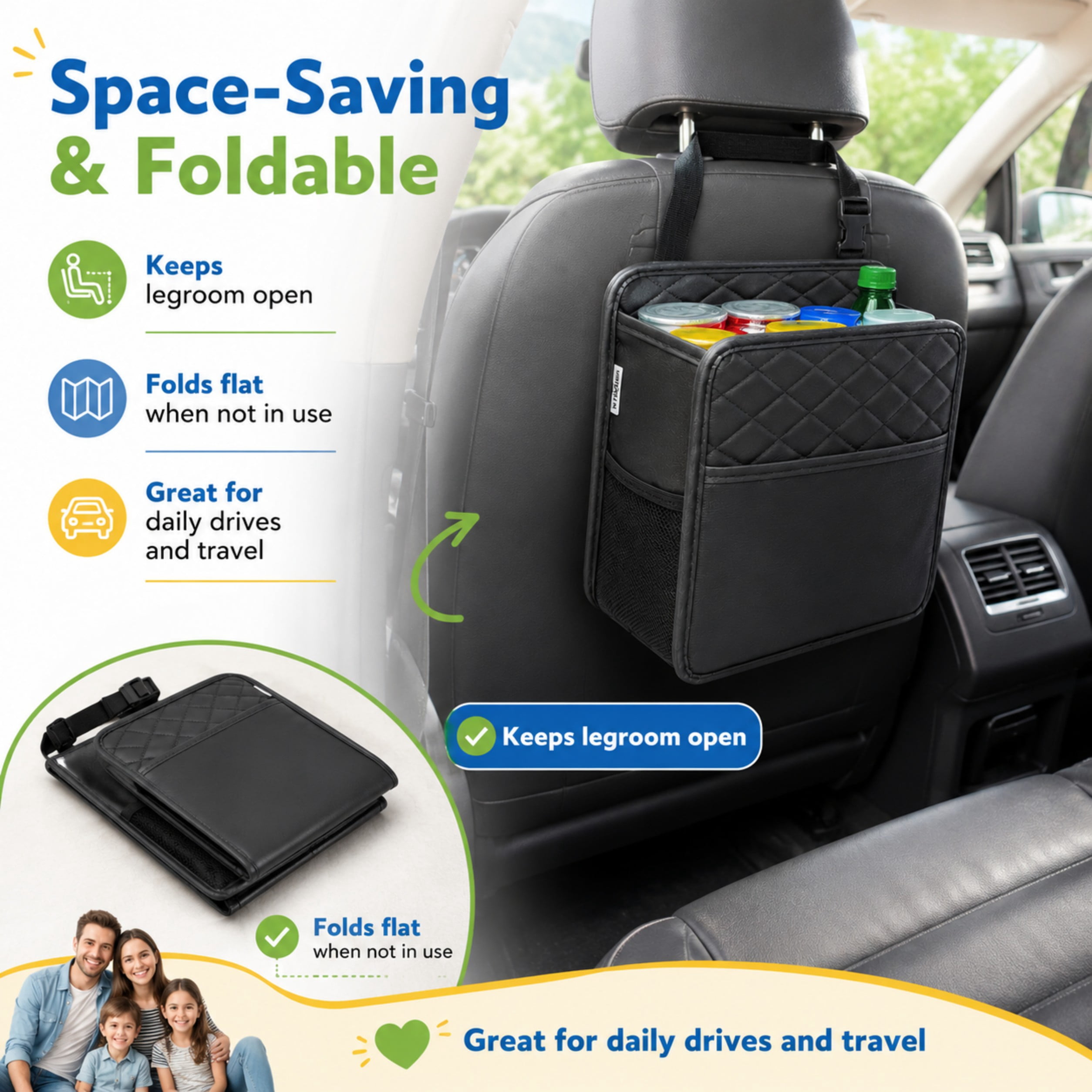 Witaxima 2 Pack Car Trash Bag Hanging, 2.14 Gal Car Trash Can with Storage Pockets, PU Leather Backseat Organizer for Cars, SUVs, Trucks, Black