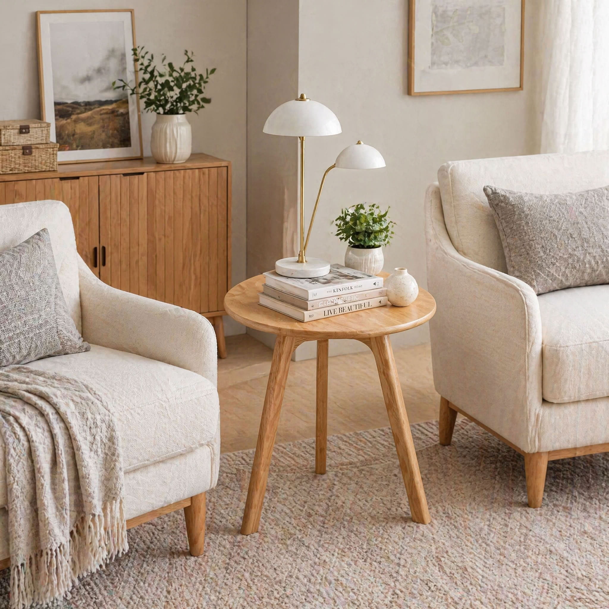MAYEERTY Solid Oak Wood Round End Table, Mid-Century Modern Small for Apartment Living Room Bedroom Balcony Small Spaces